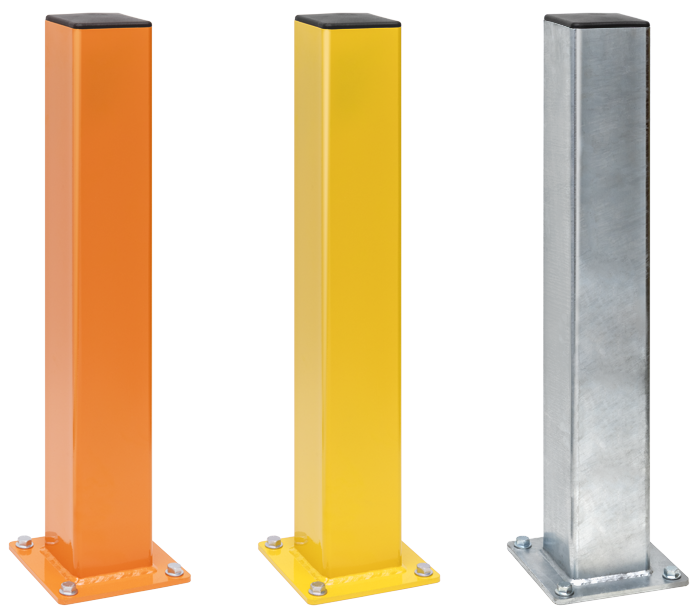 DAMO Bollard Square steel warehouse safety bollards in orange, safety yellow and galvanized finishes with black caps and anchored baseplates