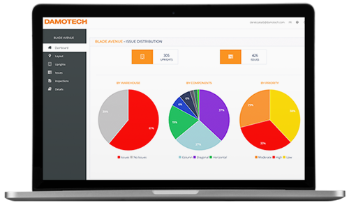 Damotech rack inspection software screenshot of pie charts