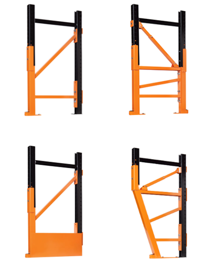 DAMO PRO Pallet Rack Repair Kits variations: Single leg, front and back column repair, floor protection, cantilevered legs.