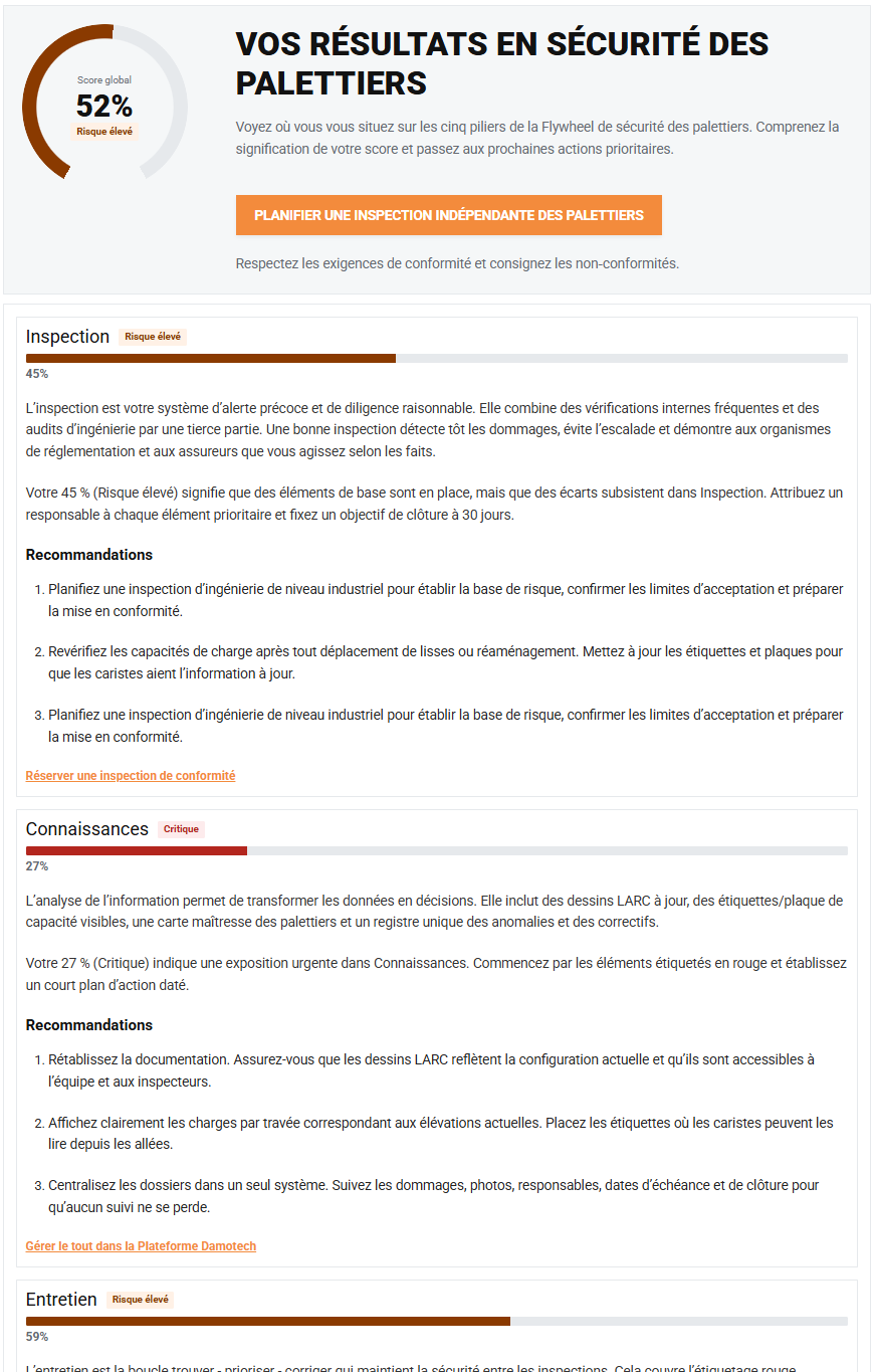 Exemple de page de résultats présentant les scores de sécurité des palettiers et les recommandations